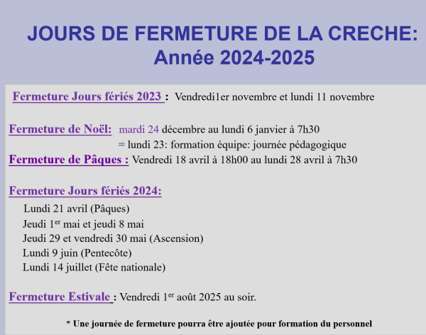 Calendrier fermetures 2024-25