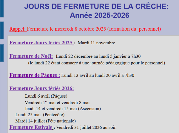 Calendrier fermetures 2025-26